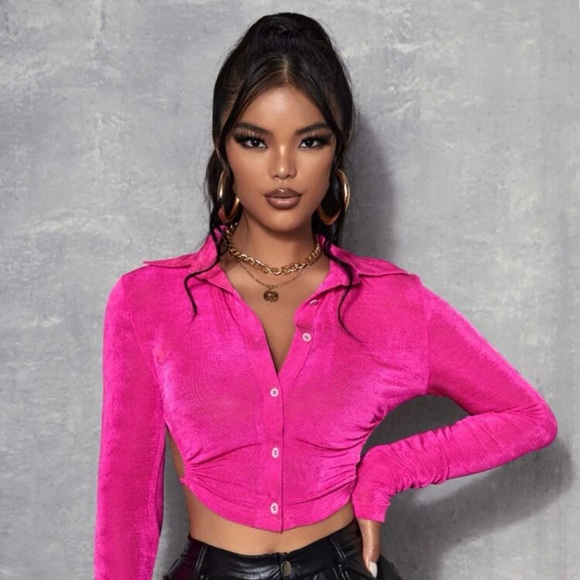 Shein Pink Button Down Crop Top M - Picture 7 of 7